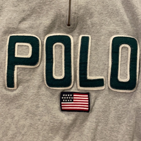 VTG Polo by Ralph Lauren Gray Sweatshirt Raised Felt Lettering USA Flag XL - Picture 5 of 15